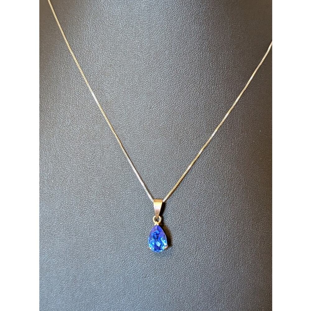 Blue Crystal Teardrop 925 Sterling Silver Pendant & 18" Box Chain Necklace